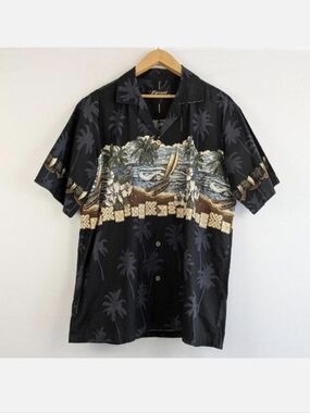 Vintage Hawaiian Shirt Scenic Canoe Print Black Cotton Button Up – XL